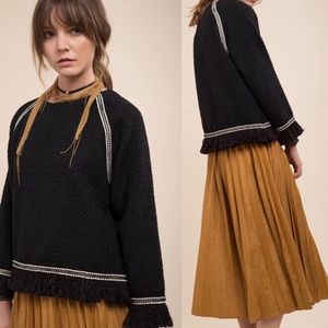 Anthropologie Raglan Sleeve Wool Fringe Pullover \\ M